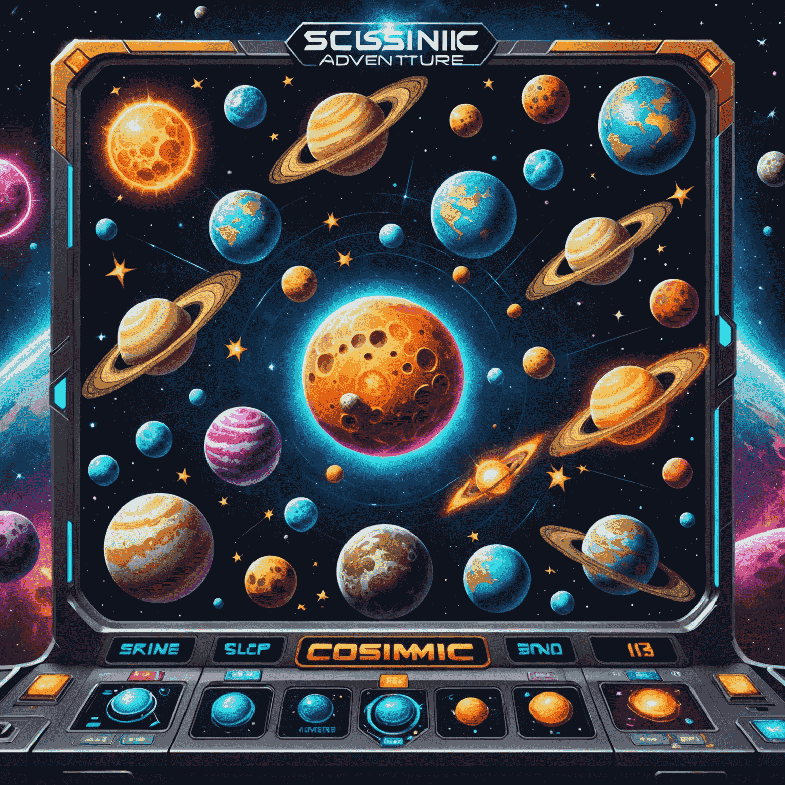Cosmic Spin Adventure - A space-themed slot game with colorful planets and asteroids as symbols
